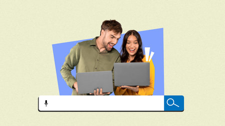 People Share Excitement While Using Laptops in a Collage Setting With a Search Bar at the Bottom