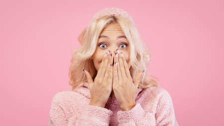 A Woman is Smiling Widely With Her Hands Covering Her Mouthの写真素材