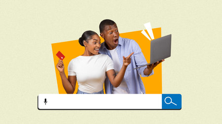 Couple Celebrating Success With Laptop and Credit Card in a Collage of Exciting Momentsの写真素材