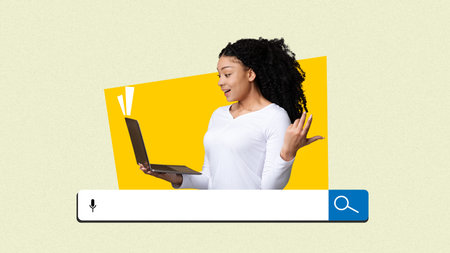 Woman Sits With a Laptop and Has a Surprised Look on Her Face While Searching for Information