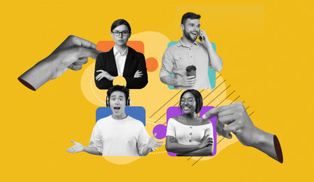 Collage of People Engaging in Conversation and Activities in a Modern Workspace Setting