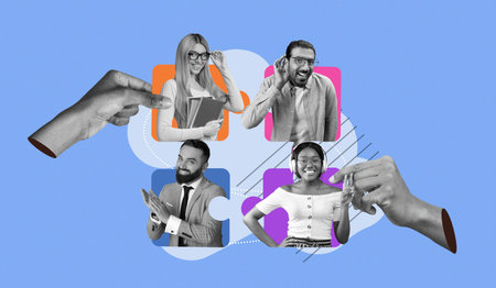 Mosaic of People Engaged in Various Activities in a Creative Collage Settingの写真素材