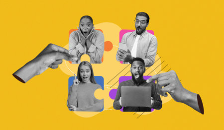 Collage of People Reacting to News and Technology in a Bright Setting During a Lively Momentの写真素材