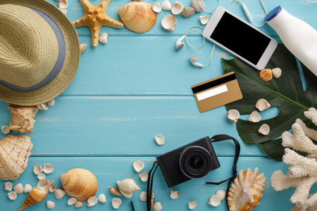 Vacation background on blue wood, copy spaceの写真素材