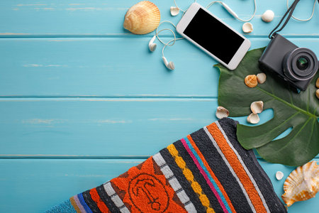 Vacation background on blue wood, copy spaceの写真素材