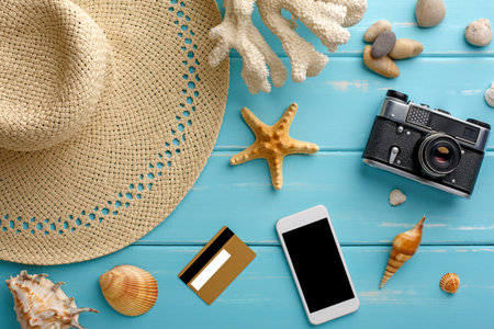 Vacation background on blue wood, copy spaceの写真素材