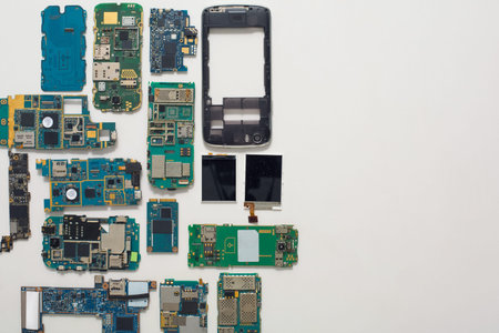 Broken mobile electronics at repair shop. Copy space.の写真素材