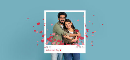 A Couple Shares a Warm Hug as They Stand in Front of a Blue Backgroundの写真素材