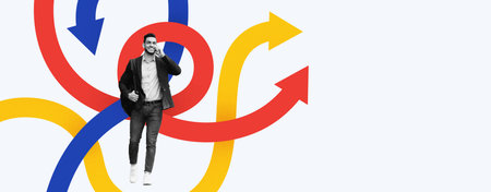 Collage Showing a Man Walking Through Colorful Arrows Symbolizing Movement and Directionの写真素材