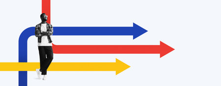 Collage Showing a Person Standing Among Colored Arrows Pointing in Different Directionsの写真素材