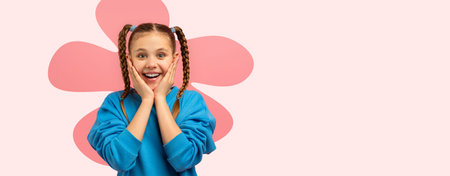 Child Shows Excitement With Joyful Expression and Playful Hands in a Colorful Collageの写真素材