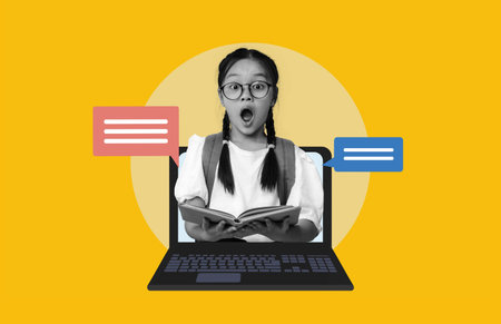 Collage Showing Girl Reacting to Online Learning With Laptop and Chat Bubbles in a Bright Setting
