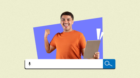 A Man Shows Excitement and Joy While Holding a Tablet in One Hand and Raising His Fist With a Smile
