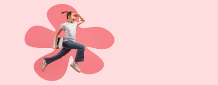 Girl Jumps While Holding a Book Against a Simple Background in a Collage Design
