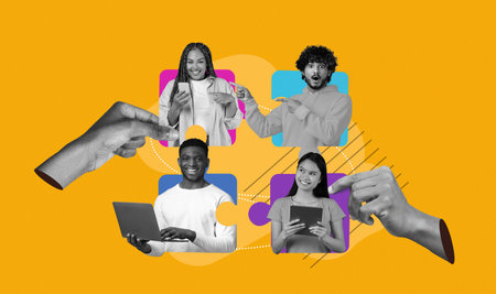 Different People Using Devices in a Collage Set That Shows Technology and Connection Onlineの写真素材