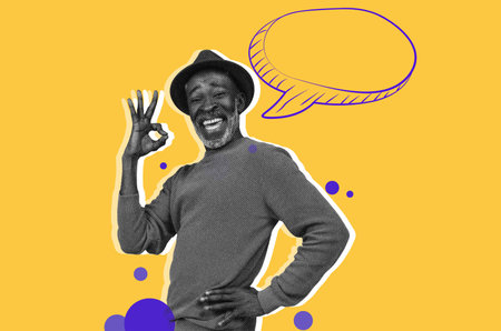 Collage of a Happy Man Showing a Hand Sign on a Yellow Background With Cartoon Speech Bubble
