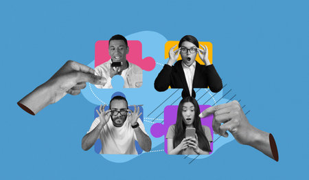 Collage of People Reacting to Mobile News and Information in a Digital Setting During the Day