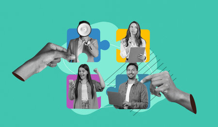 Collage of People Engaged in Teamwork and Communication in a Modern Workspace Settingの写真素材