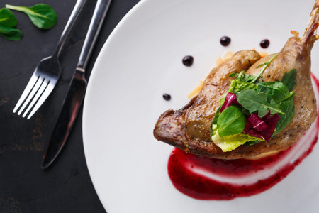 Duck Leg Served With Sauce and Greens on a White Plate in a Restaurant Setting