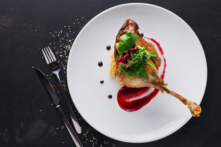 Roast Duck Leg Served With Salad and Berry Sauce on a White Plate at a Restaurant