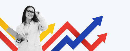Collage of Woman in Business Attire With Chart Visuals Showing Growth and Progress