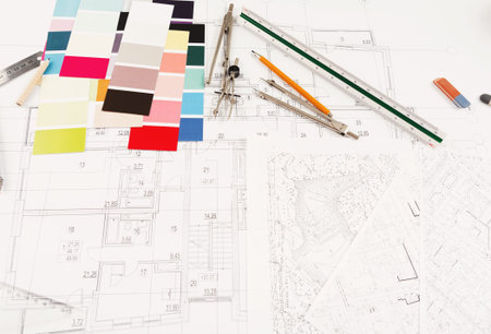 Collage of Design Materials and Tools for Architectural Planning and Layout Creation