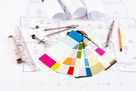 Collection of Design Tools and Color Samples on Architectural Blueprint Layoutの写真素材