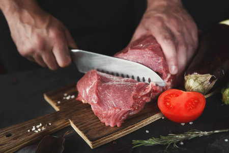 Preparing Meat With Fresh Vegetables on a Wooden Cutting Board in a Kitchen Setting