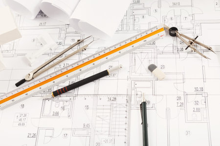 Plan Layout and Tools Arranged on a Design Workspace for a Construction Project