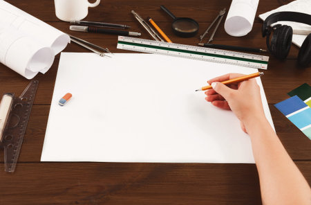 Creative Workspace Set for Design Activities Featuring Various Tools and Materials