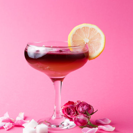 Colorful Drink With Lemon and Rose Petals on a Pink Background During the Daytimeの写真素材