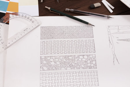 Collage of Pattern Designs Showing Detailed Sketches and Tools on a Workspace Table