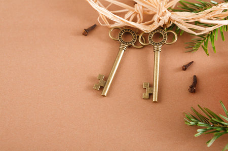 Collection of Vintage Keys With Decoration on Brown Background Ready for Display