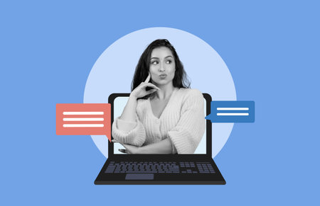 Woman Thinking While Using Laptop With Chat Bubbles in a Collage Setup on a Blue Background