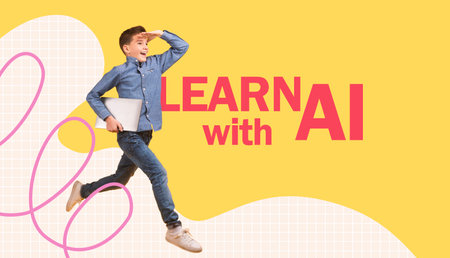 Teen Boy Runs While Holding Laptop on Yellow Background, Showing Urgency and Focus in Action
