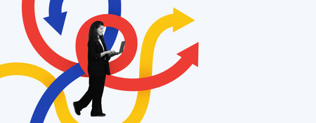 Collage of a Person Standing With a Laptop Among Colorful Arrows and Shapes in a Creative Workspace