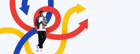 Collage of a Person Standing Amidst Colorful Arrows and Patterns in a Modern Design Setting