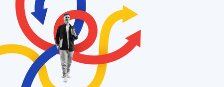 Collage Showing a Person Walking With Directional Arrows in a Colorful Designの写真素材