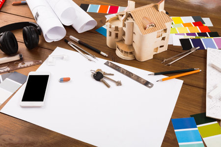 Creative Workspace With Plans and Models for Design and Architecture Projects