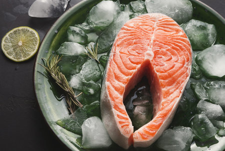 Collection of Fresh Salmon on Ice With Lime and Herbs in a Green Plate Ready for Cookingの写真素材