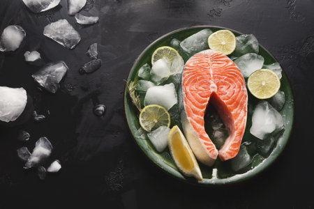 Fresh Salmon on Ice With Lime and Lemon Slices Ready for Cooking or Serving