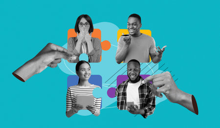Collage Showing Diverse People Engaged in Communication and Sharing Ideas in a Modern Setting