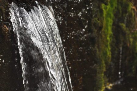 Water Flowing in a Natural Setting With Rocks and Moss in a Collage of Movement and Textureの写真素材