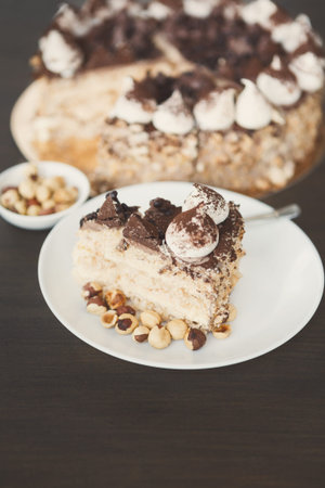 Dessert Collage Featuring a Sliced Cake With Nuts and Chocolate Garnishes on a Plate