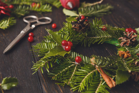 Collage of a Wreath Making Set With Tools and Natural Materials for Holiday Craftsの写真素材