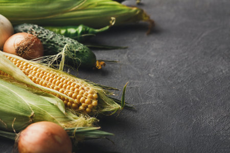 Collection of Fresh Vegetables Arranged on a Dark Surface for Meal Preparationの写真素材