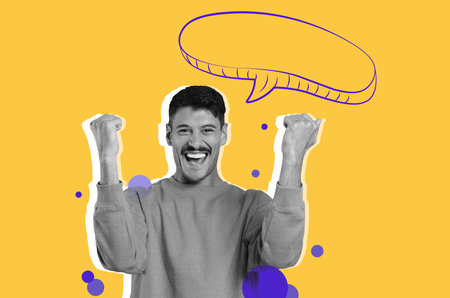 Collage of Person Celebrating With Hands Raised and Speech Bubble in Bright Colors