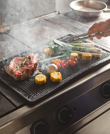 Grilling Food on a Stovetop With Vegetables and Meat on a Restaurant Kitchen Set