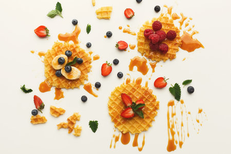 Delicious Waffle Collection With Fruits and Syrup Spread in a Creative Collage