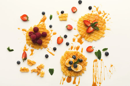 Waffle Collage With Fruits and Toppings Laid out on a White Background During Daylightの写真素材